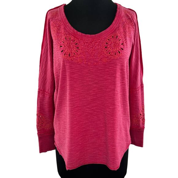 Free People Intimately Pink Long Sleeve Eyelet Back Cut-Out Cotton Top Size XS - Picture 1 of 9